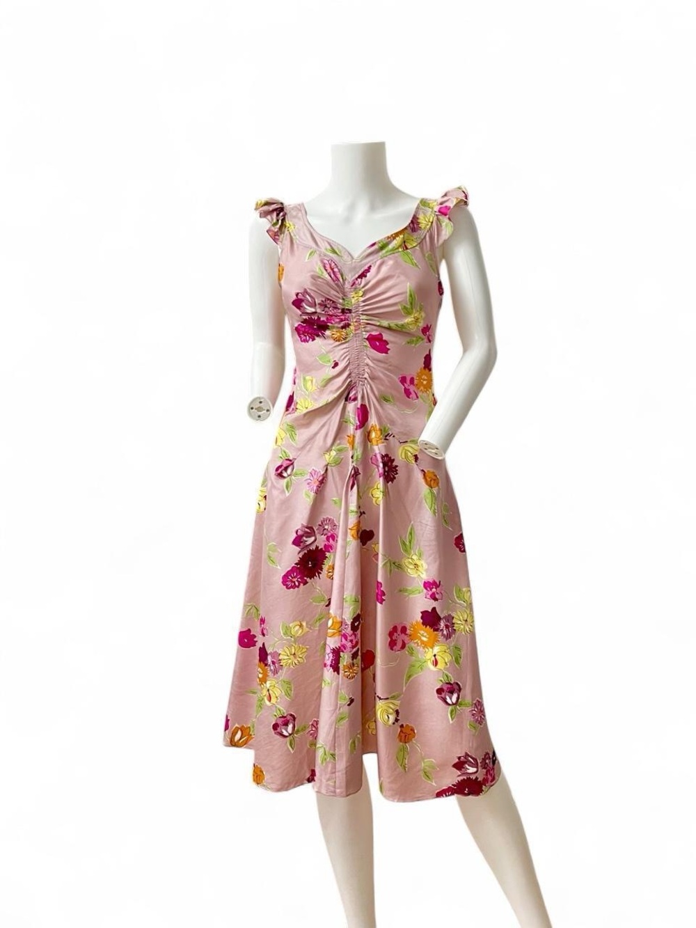 Moschino Pink Floral Gathered-Front Midi Dress
